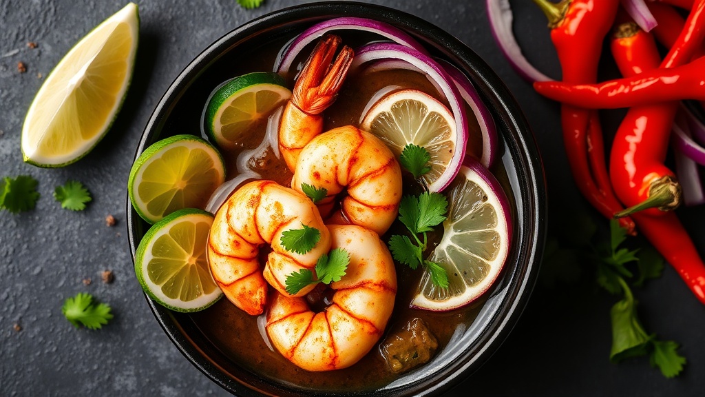 Aguachile negro de camarón sinaloense sin gluten con pepino y cebolla morada