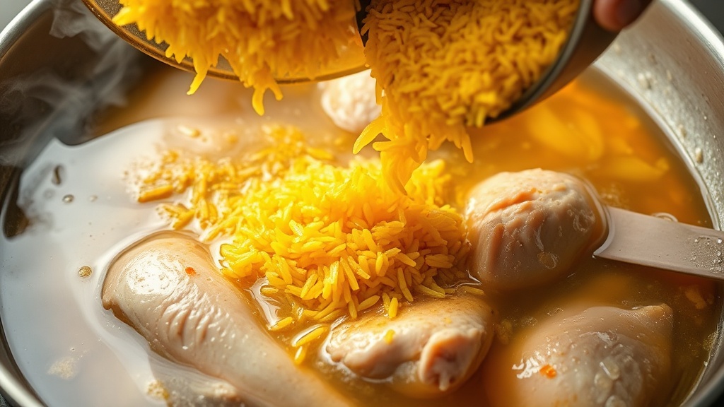 Incorpora cerveza, caldo y arroz — Arroz con Pollo a la Chorrera Sin Gluten: Receta Cubana Melosa