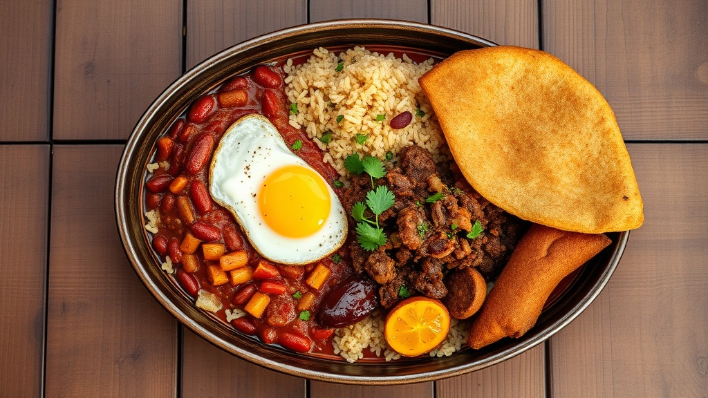 Bandeja paisa colombiana sin gluten con frijoles, chicharrón, chorizo y plátano