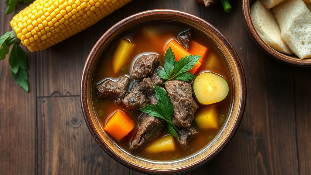 Caldo de res sin gluten con chamorro, tuétano y verduras frescas