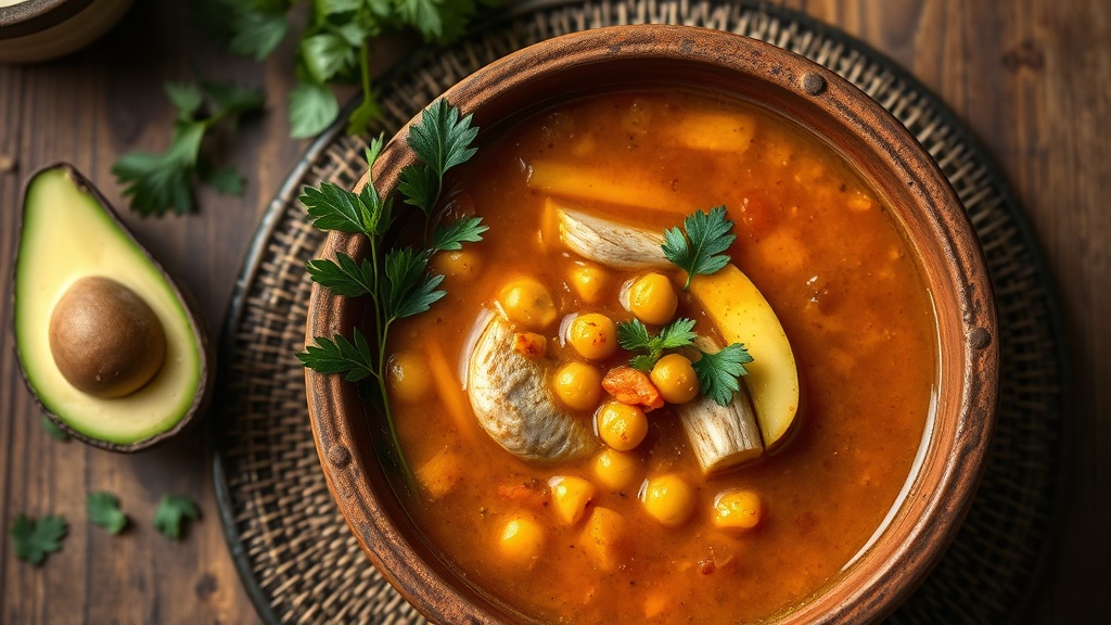 Caldo tlalpeño sin gluten con pollo, garbanzos y chile chipotle ahumado